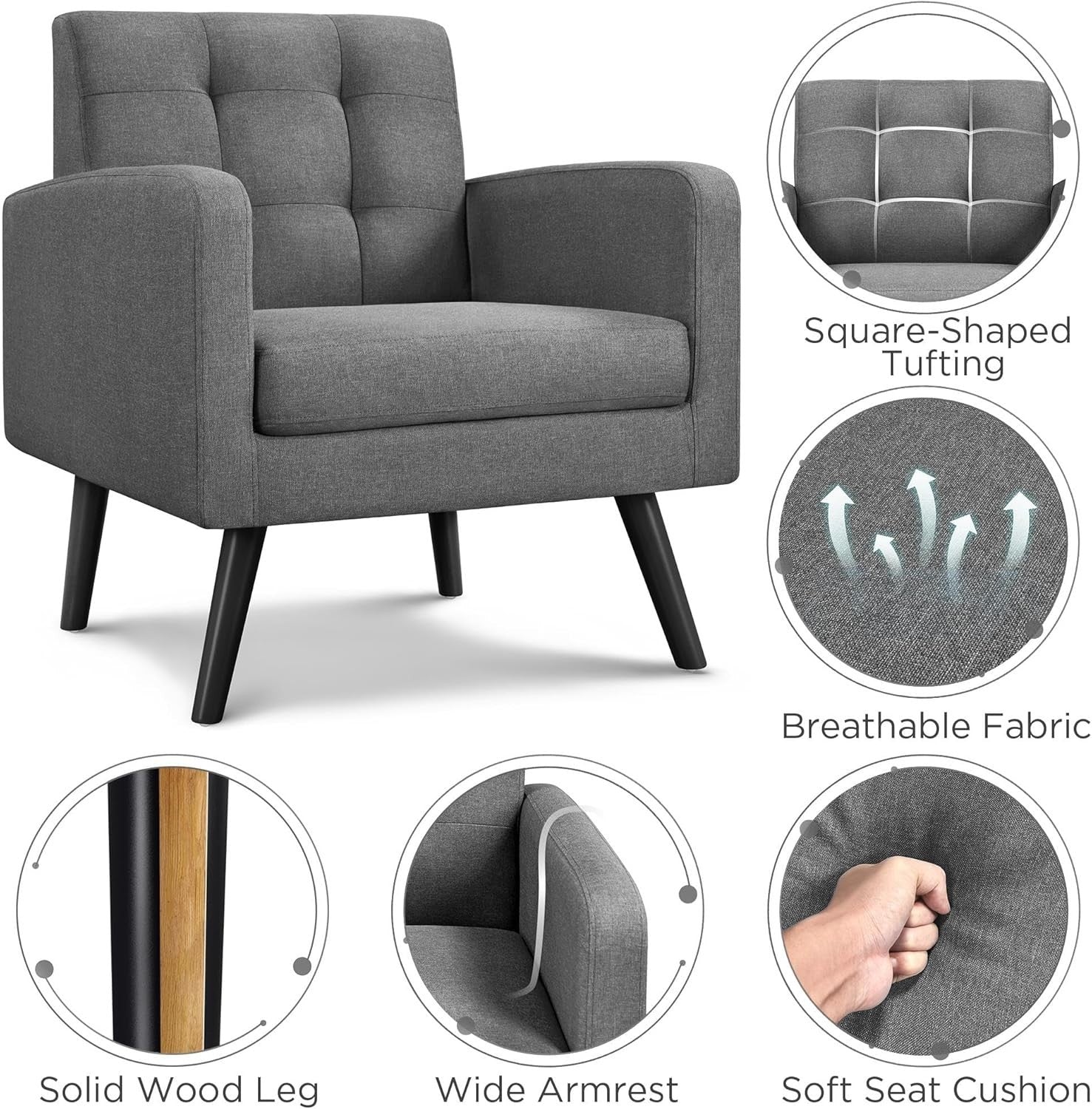 2x Dark Grey Accent Armchairs | Mid Century Tufted Lounge Chairs Set