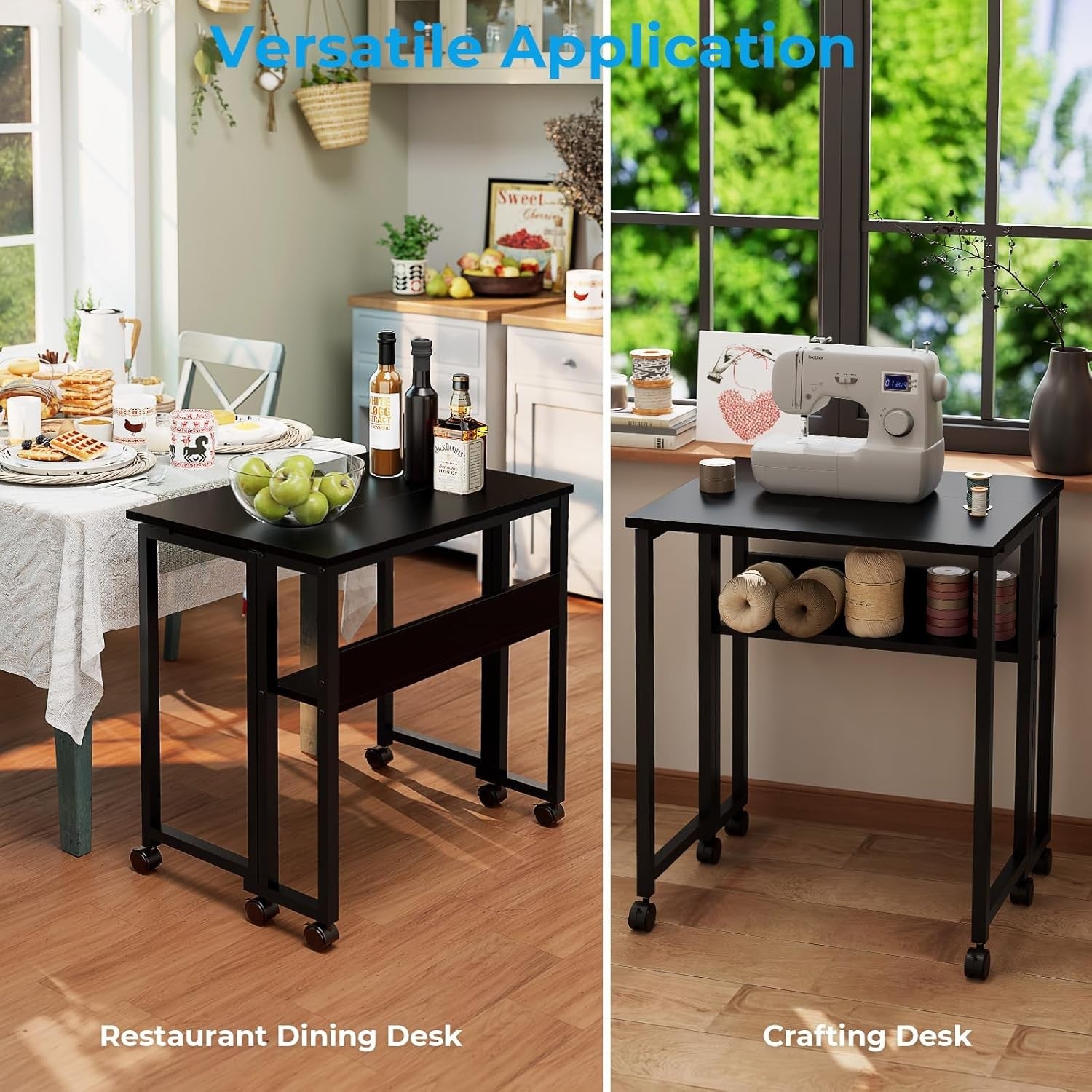 Folding Computer Desk 63cm with Storage Shelf Rolling Home Office Table