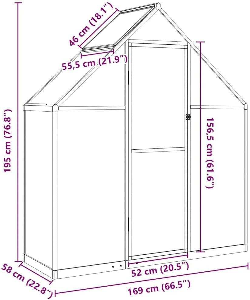 Large Aluminium Greenhouse 169x58x195cm Polycarbonate Panels with Base Frame