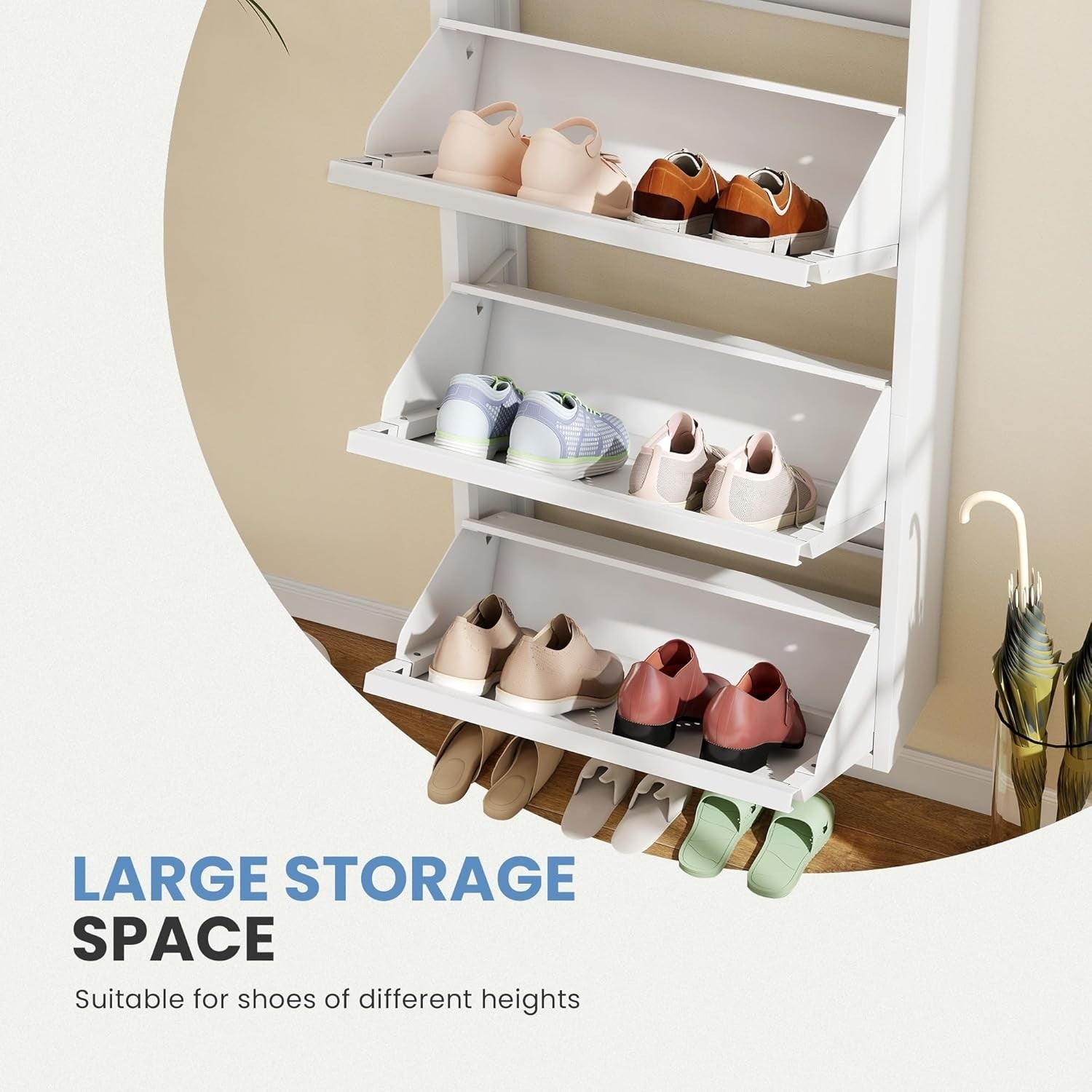 Wall-Mounted Narrow Shoe Cabinet with 3 Flip Drawers, 50x15.2x105 cm White