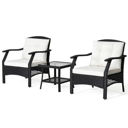3pc Rattan Bistro Garden Furniture Set with Cushions & Glass Coffee Table