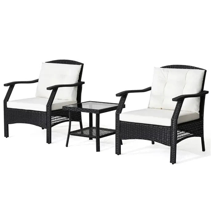 3pc Rattan Bistro Garden Furniture Set with Cushions & Glass Coffee Table