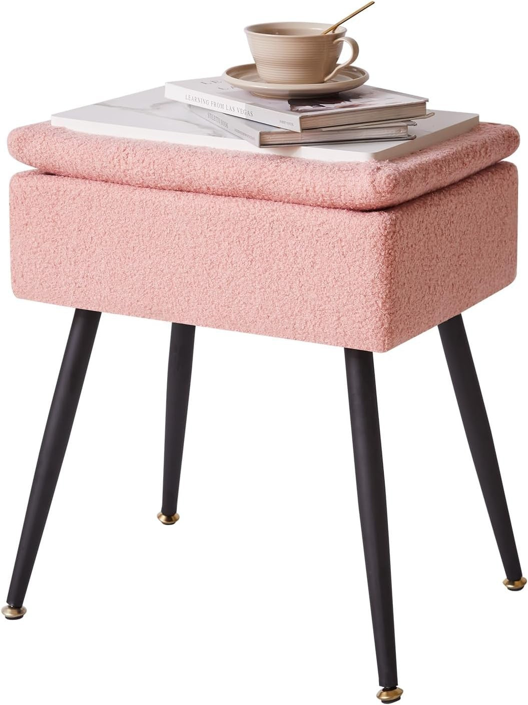 Pink Teddy Fur Vanity Stool with Storage – Soft Ottoman Chair for Bedroom
