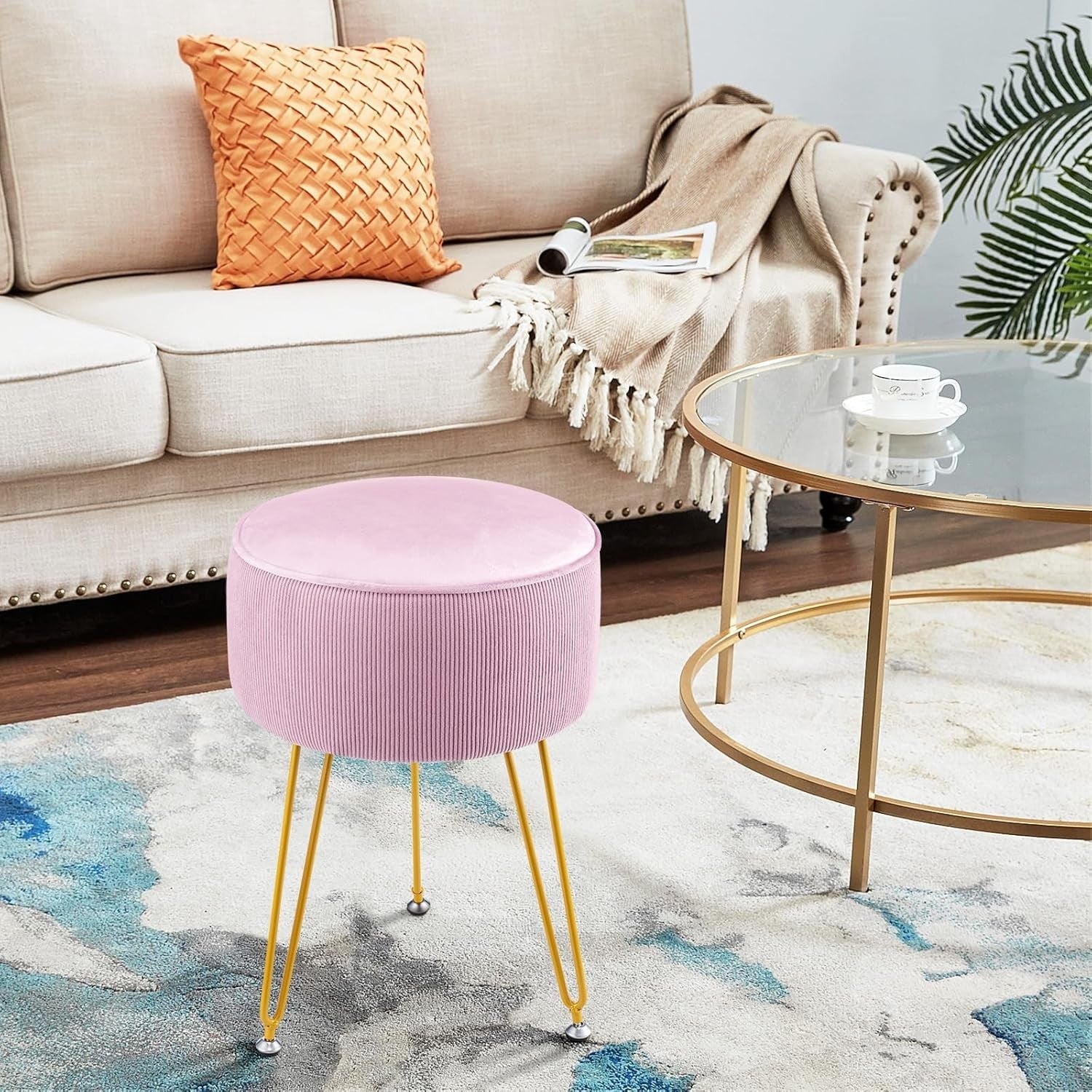 Pink Round Vanity Stool with Gold Metal Legs – Padded Makeup Chair