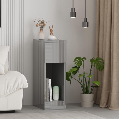 Slim Grey High Gloss Bedside Table with Drawer & Shelf Narrow Nightstand