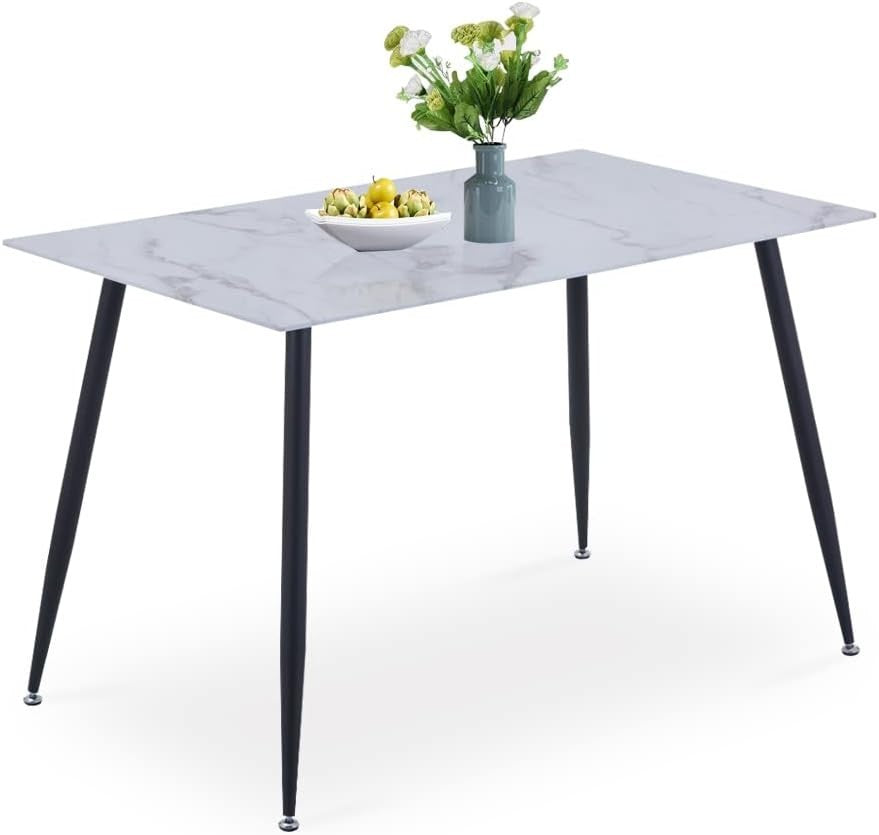 Rectangular Marble Glass Dining Table 120x70cm White Metal Modern