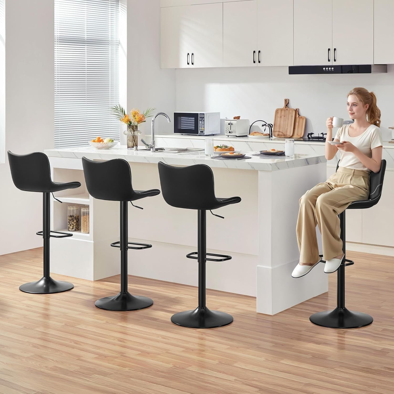 Adjustable Swivel Bar Stools Set of 2 PU Leather Counter Height Black