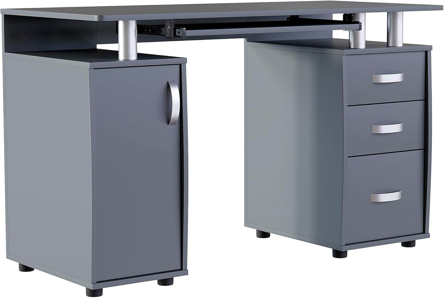 Grey 3 Drawer Computer Desk w/Shelves & Keyboard Tray, 120cm Workstation