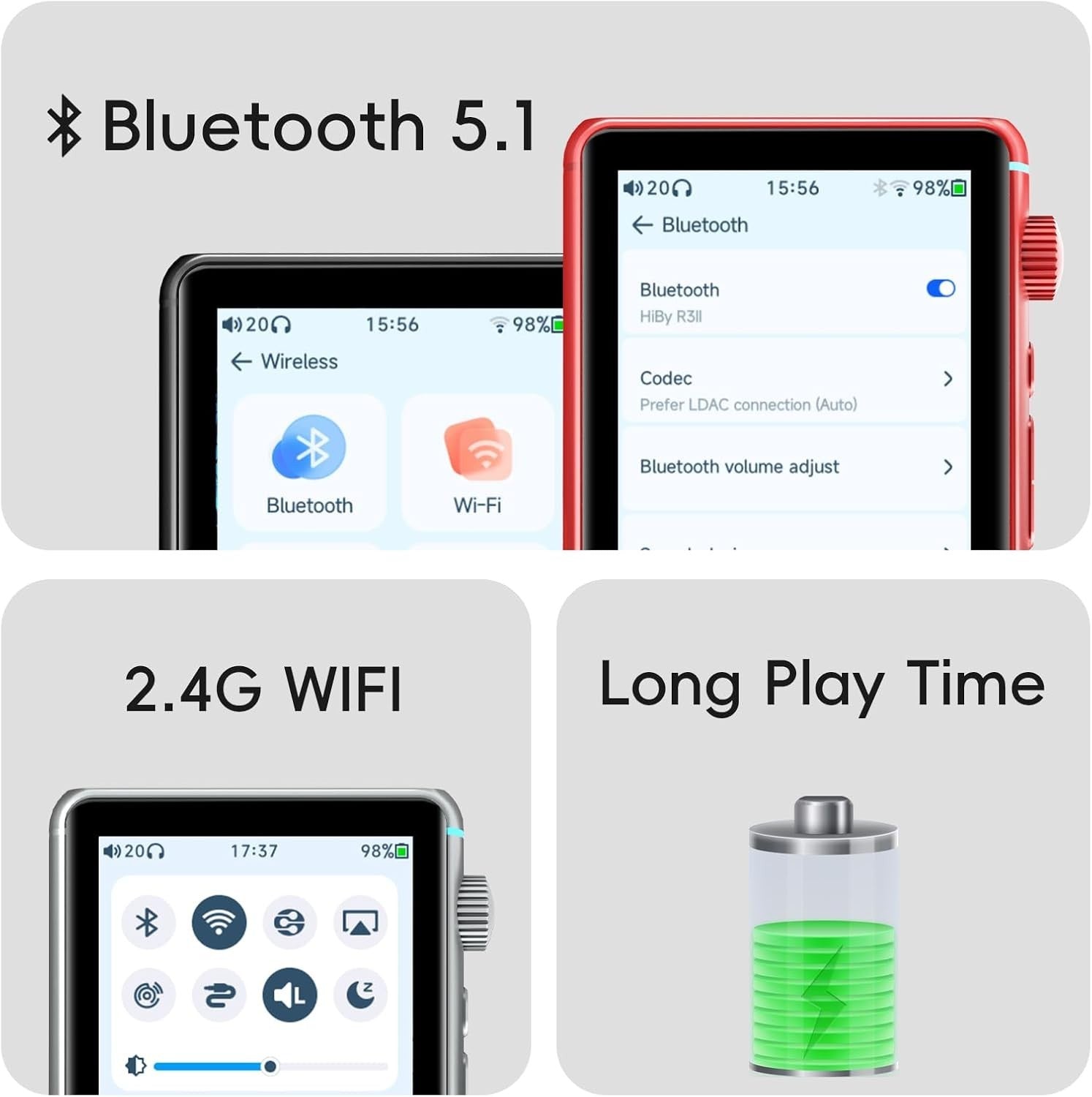 Silver Hi-Res MP3 Player Dual DAC Bluetooth 5.1 WiFi OLED Touchscreen
