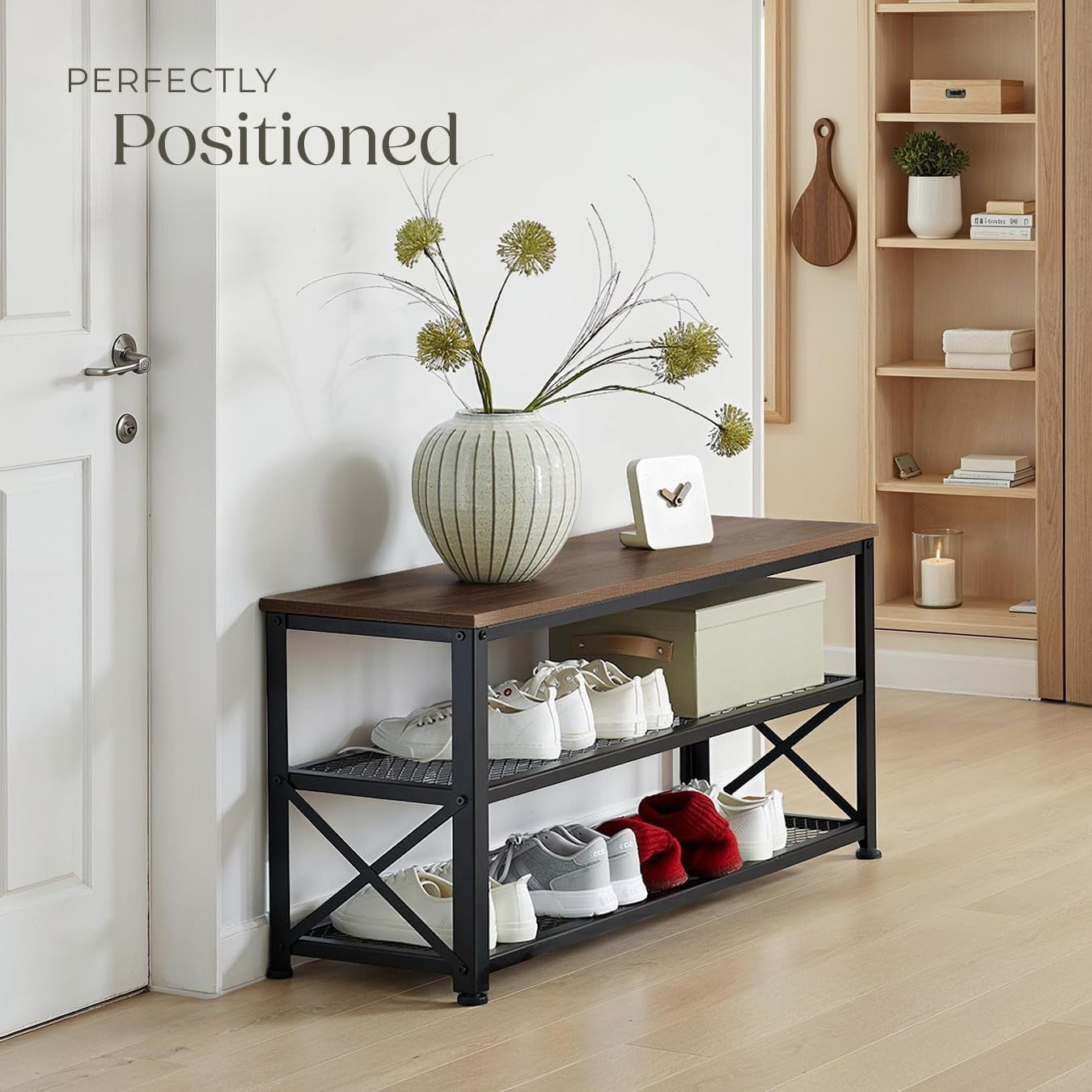 Space-Saving 3-Tier Shoe Rack with Dark Wood Shelf & Sturdy Steel Frame