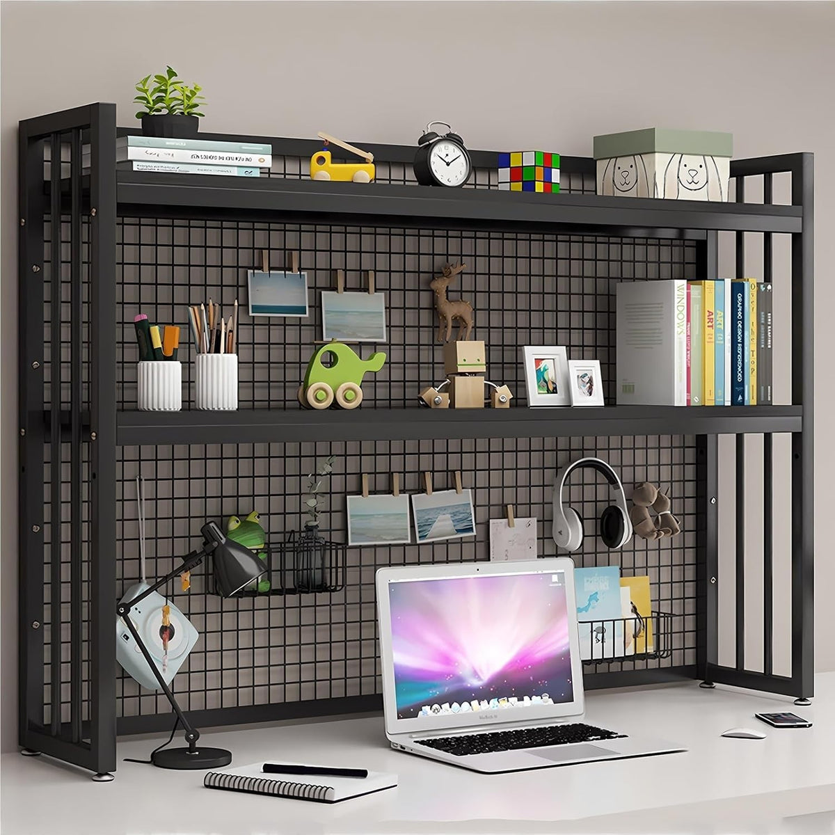 Adjustable Desktop Bookshelf 2-Tier Industrial Monitor Riser Storage Rack Black