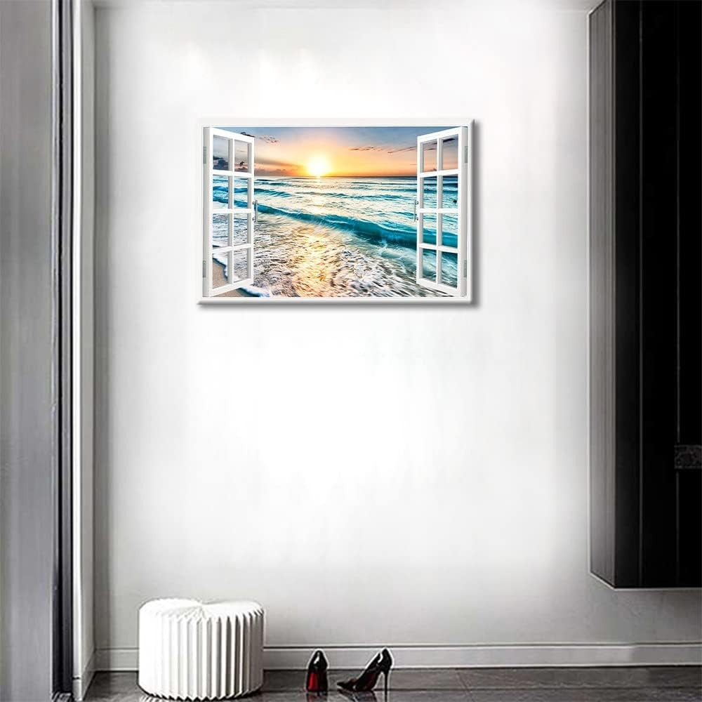 3D Ocean Window Canvas Wall Art 24x16 Framed Beach Wall Decor