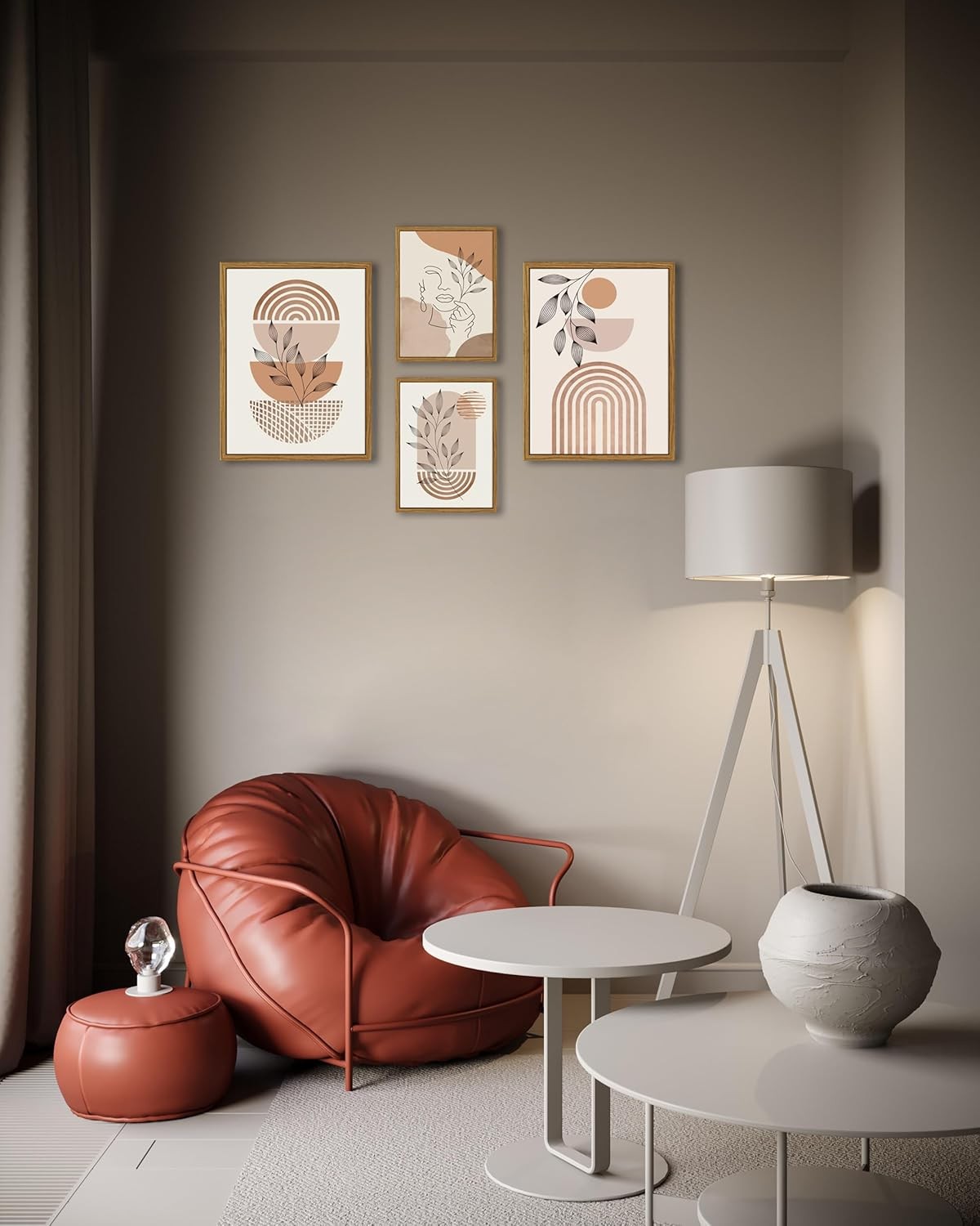 4Pcs Large Boho Canvas Wall Art – Neutral Tones Modern Abstract Framed Set