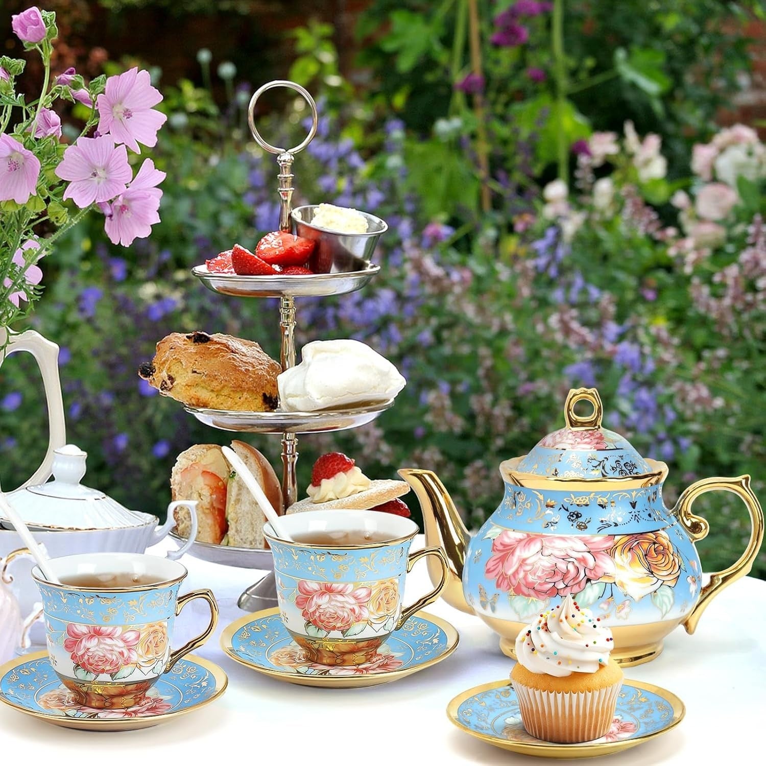 20Pc Porcelain Tea Set Blue Gold Floral Cups Saucers Teapot Stand Gift