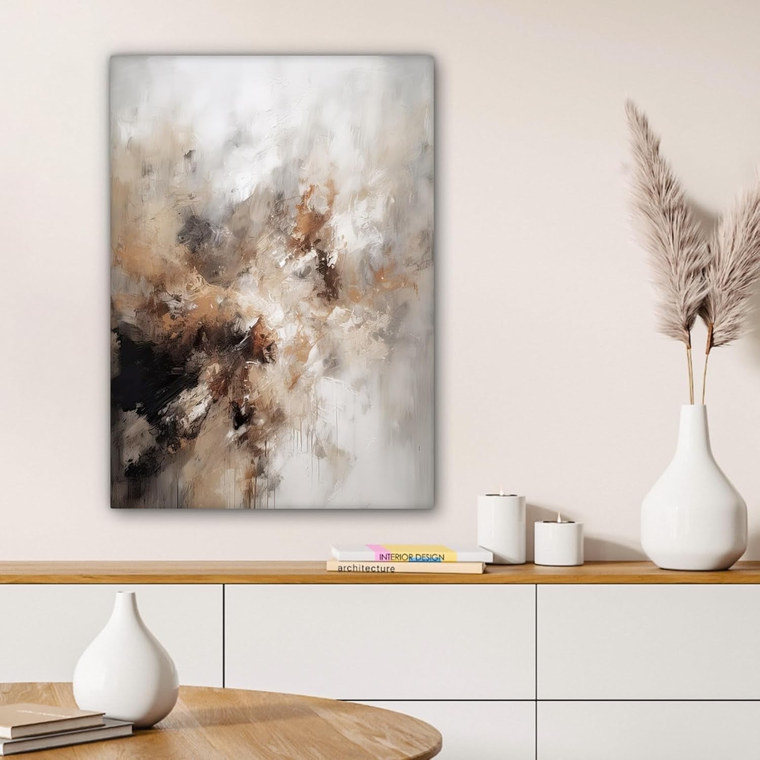 Abstract Beige Canvas Wall Art 50x70cm Framed Modern