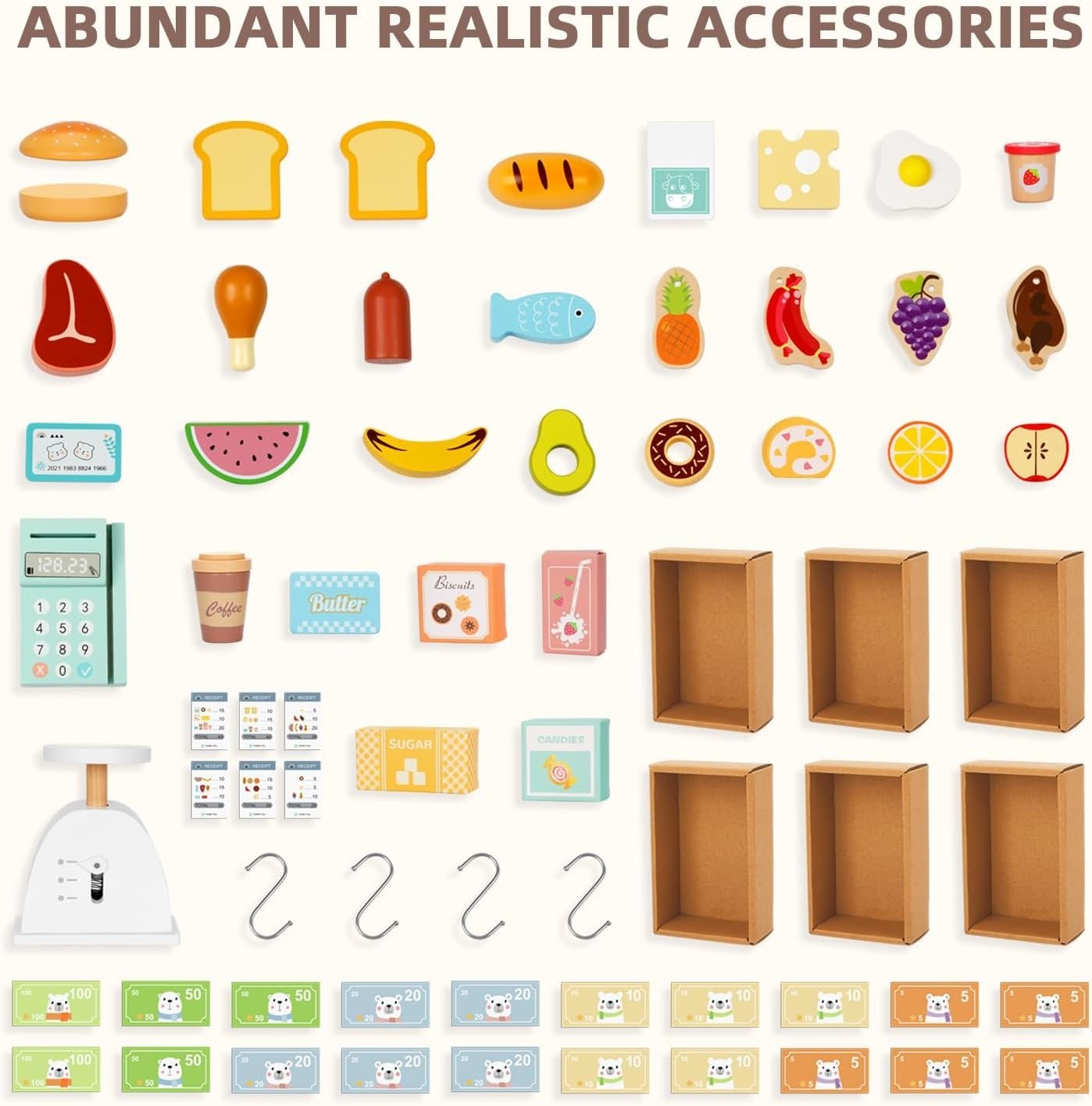 Kids Grocery Store Pretend Play Market Stand Cash Register 70+ Pieces