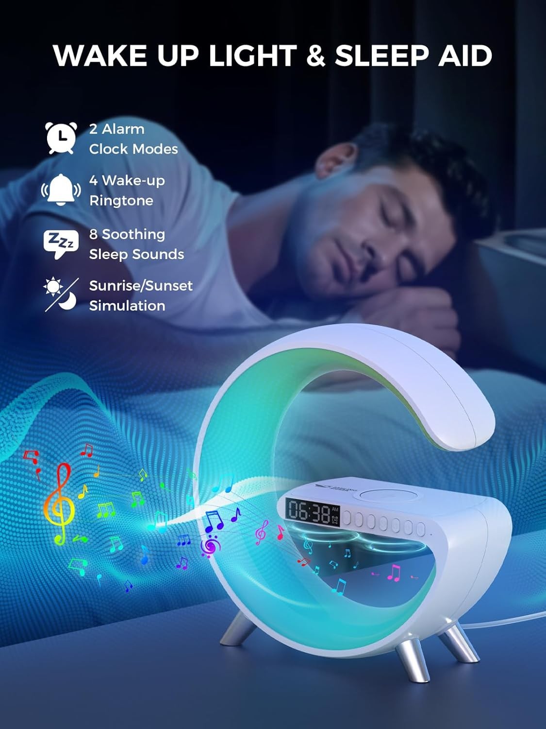 White RGB G-Shape Sunrise Wake Up Light Alarm Bluetooth Speaker Wireless Charger