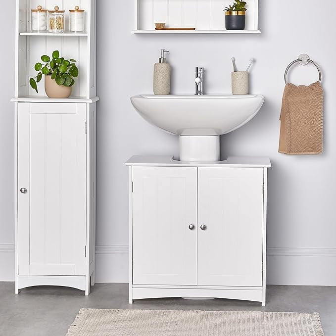 White Under Sink Bathroom Cabinet 60cm Vanity Unit with Shelves Shaker Doors