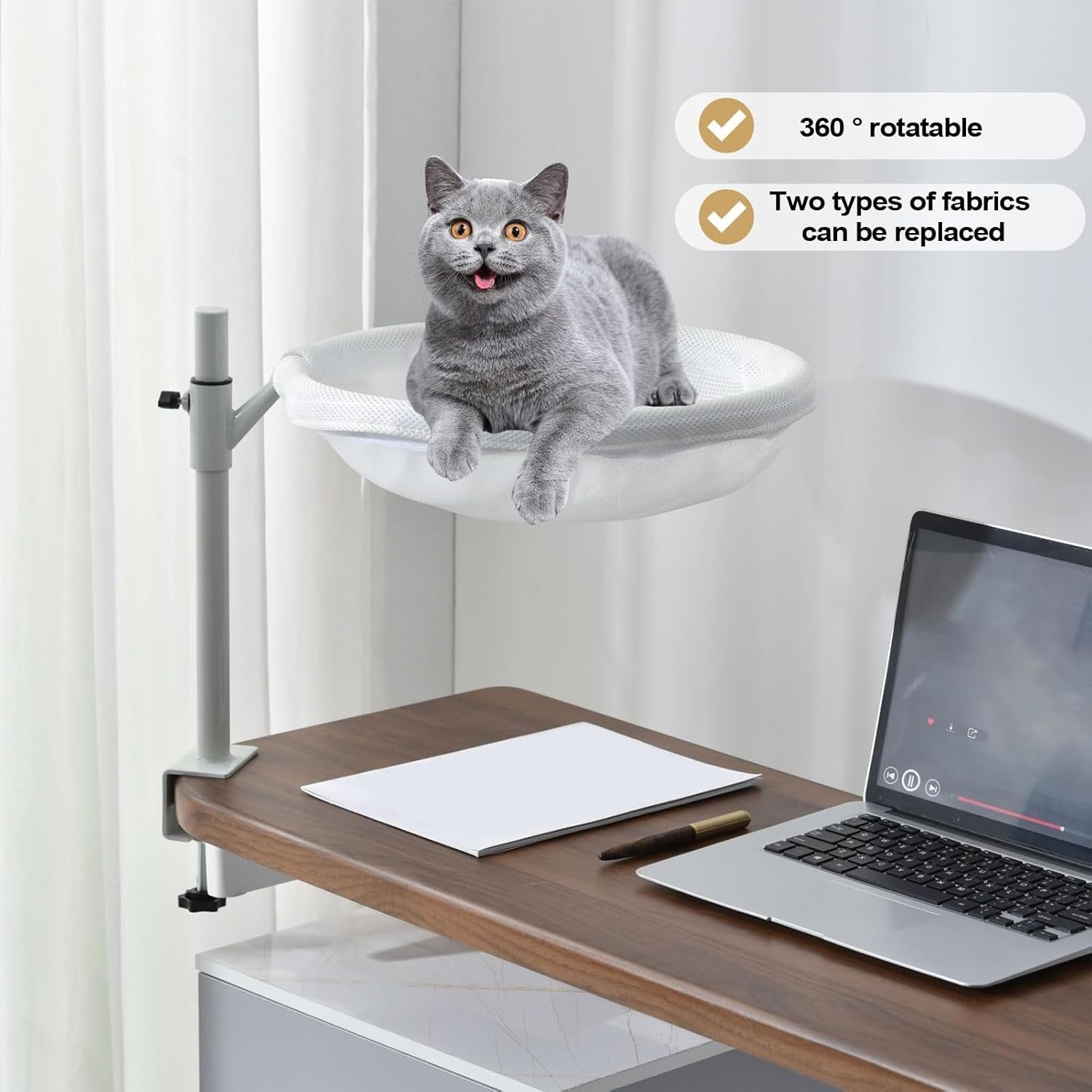 360° Rotating Cat Desk Hammock Washable Clamp On Kitty Bed White