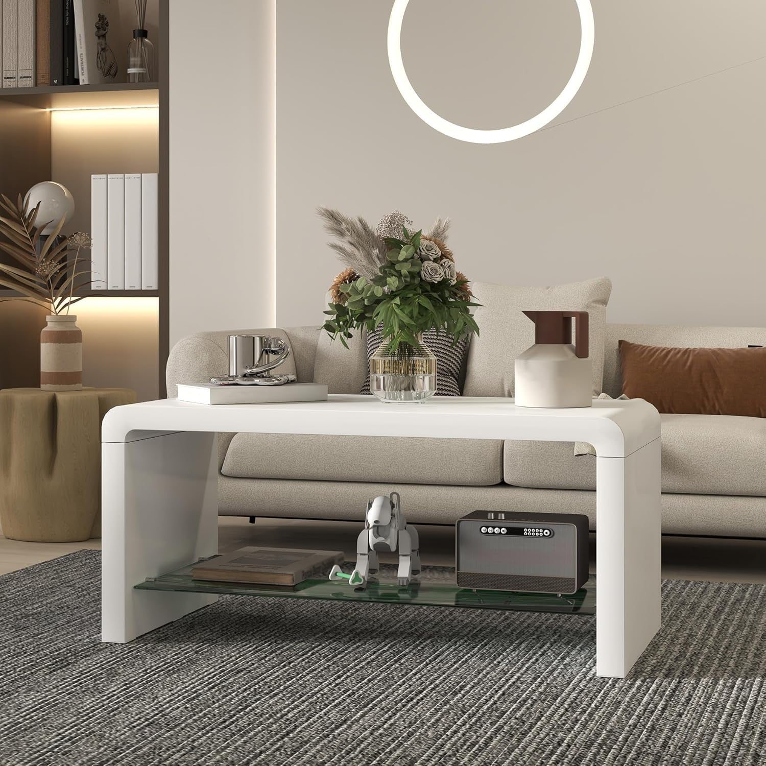 Modern High Gloss White Coffee Table with Storage & Glass Shelf 100x45x45 cm
