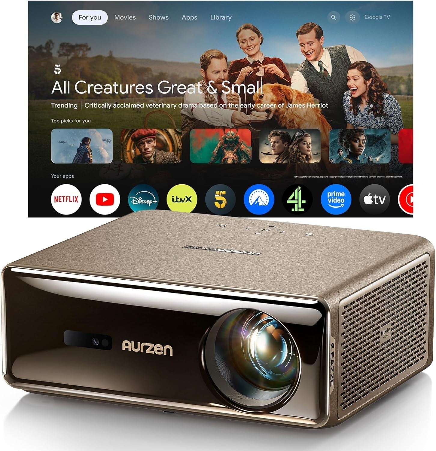 1080P Google TV Projector 1000 ANSI Dolby 20W WiFi Bluetooth 4K
