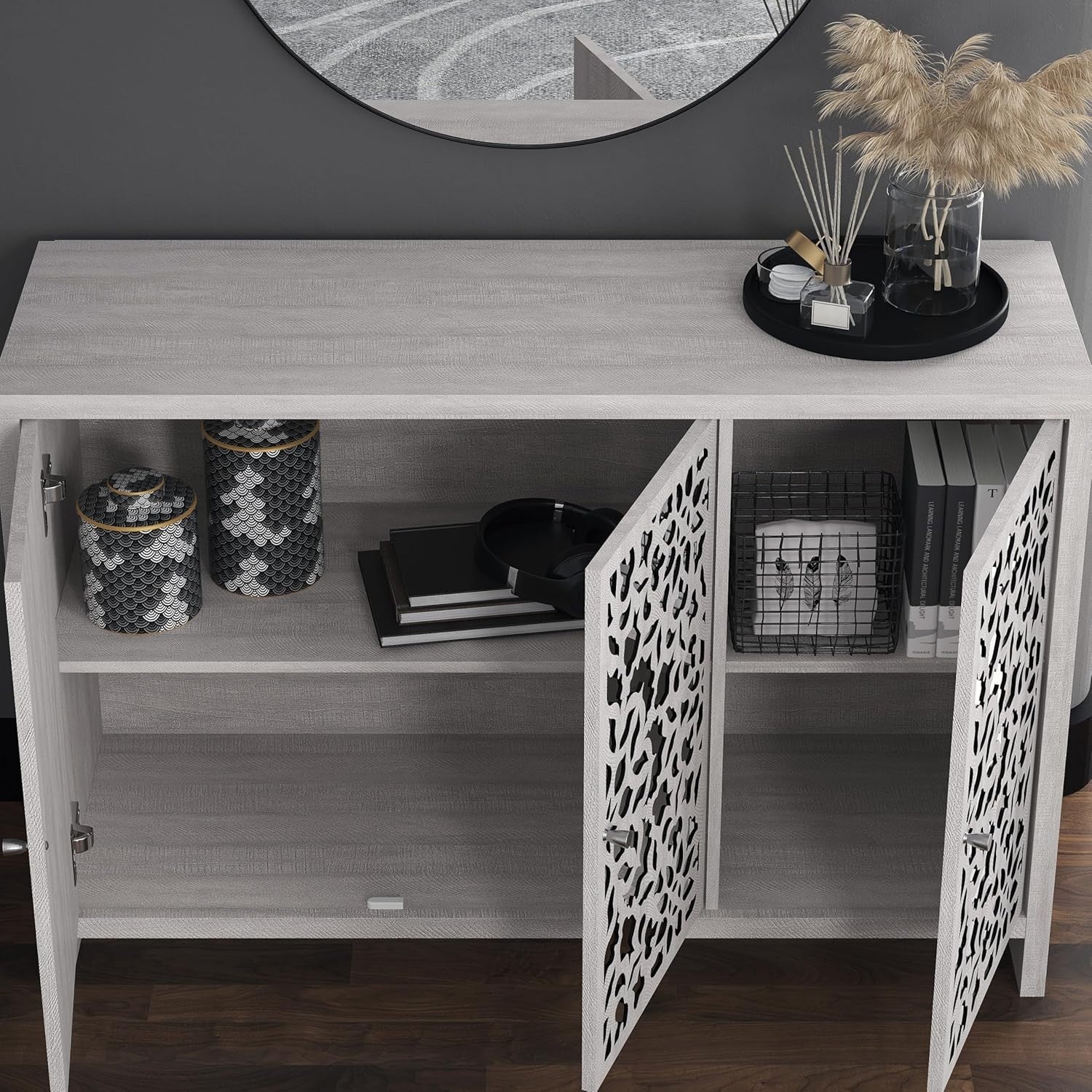 Modern 3-Door Grey Oak Sideboard Storage Cabinet with Adjustable Shelves