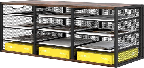 Metal & Wood Desk Paper Organizer 12 Compartments A4 Document Sorter