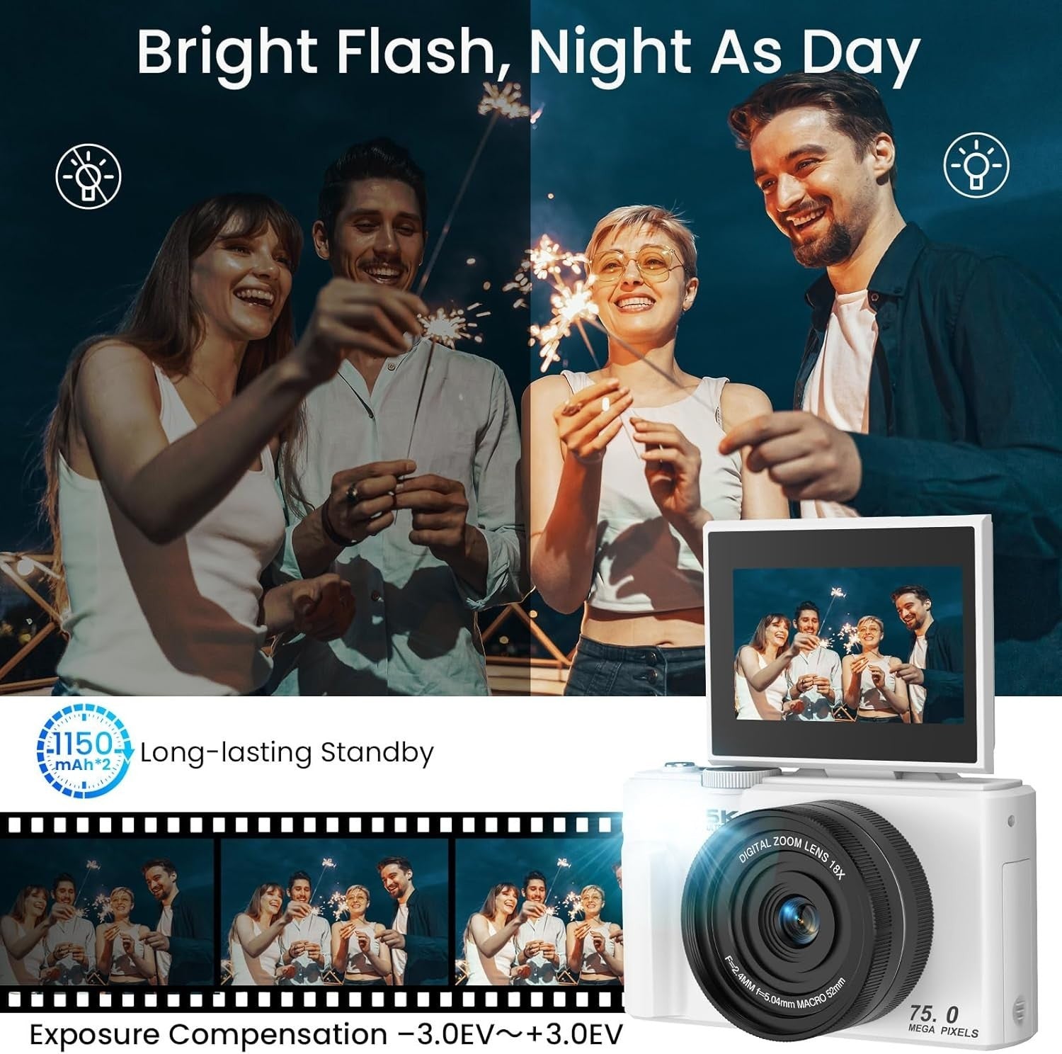 5K 75MP Digital Camera WiFi Vlogging Camera Flip Screen White
