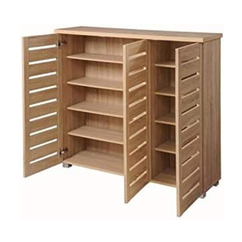 Oak Shoe Cabinet 3 Door 5 Tier Storage Cupboard Unit Modern Slim 114cm