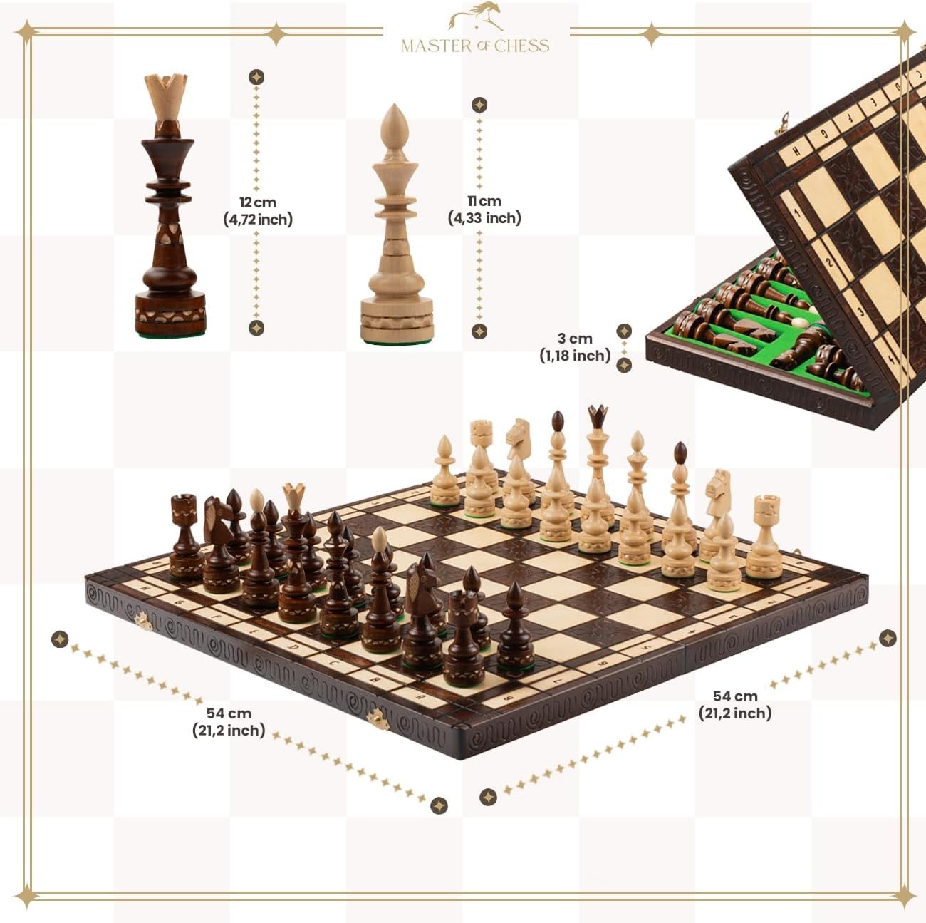 Luxury 54cm Folding Wooden Chess Set | Handcrafted Indian Pieces | Premium Gift