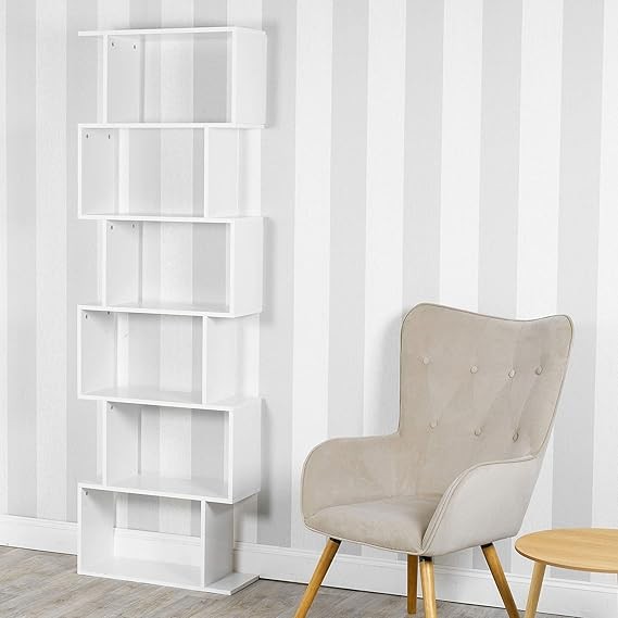 6 Tier White S-Shaped Display Shelf | Modern Tall Bookcase Storage Unit