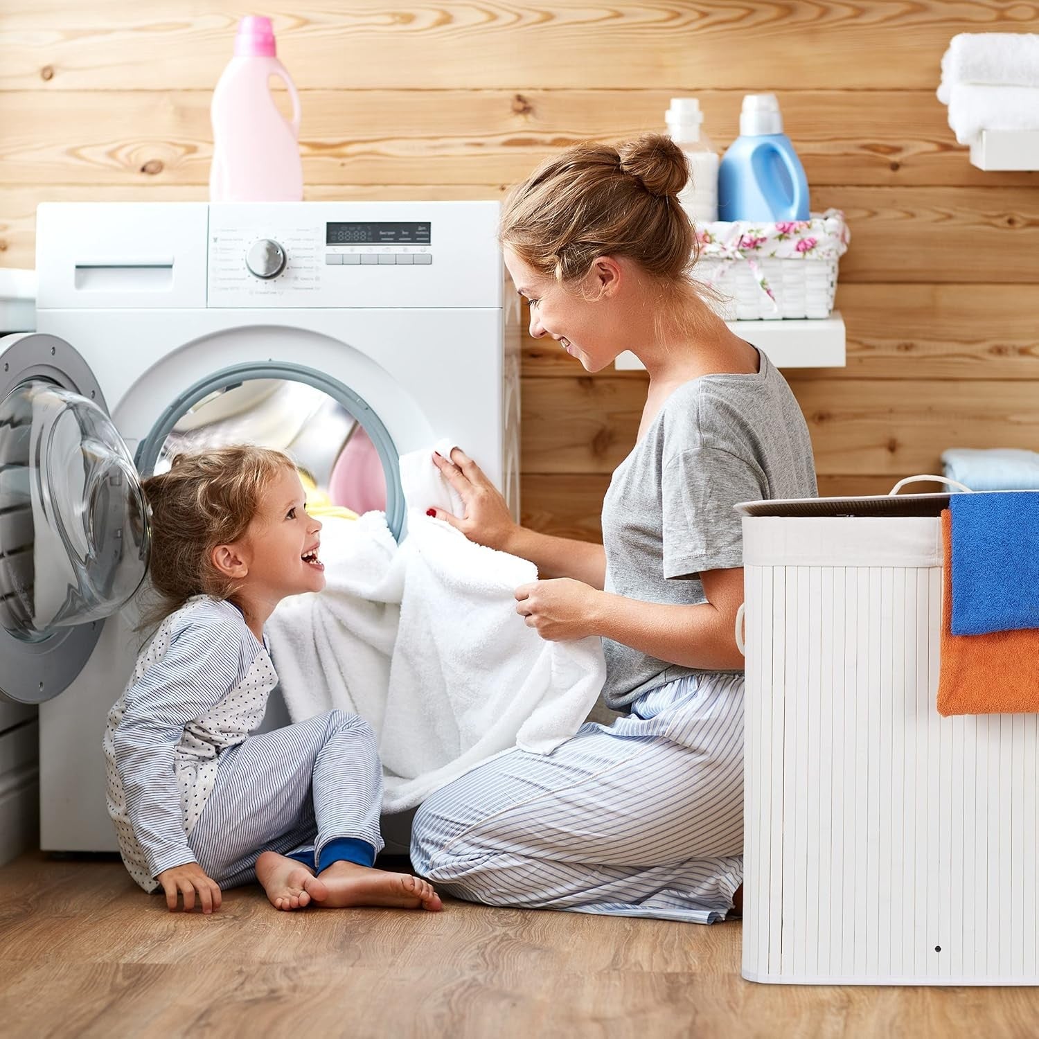 100L Bamboo Laundry Hamper with Lid 2 Compartment Foldable Basket Grey