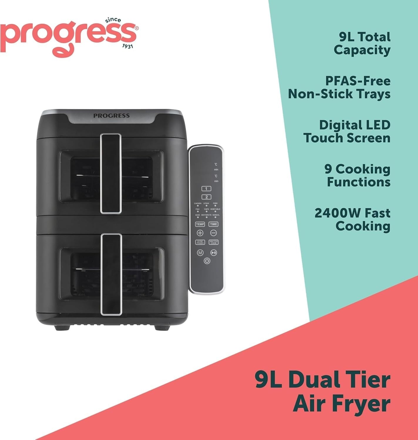 9L Dual Tier Air Fryer Stacked 2 Basket Window Touch LED 9 Presets 2400W