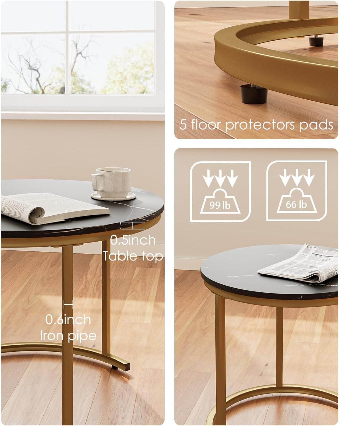 Round Nesting Coffee Tables Set of 2 Grey Top Black Frame, Space Black and Gold