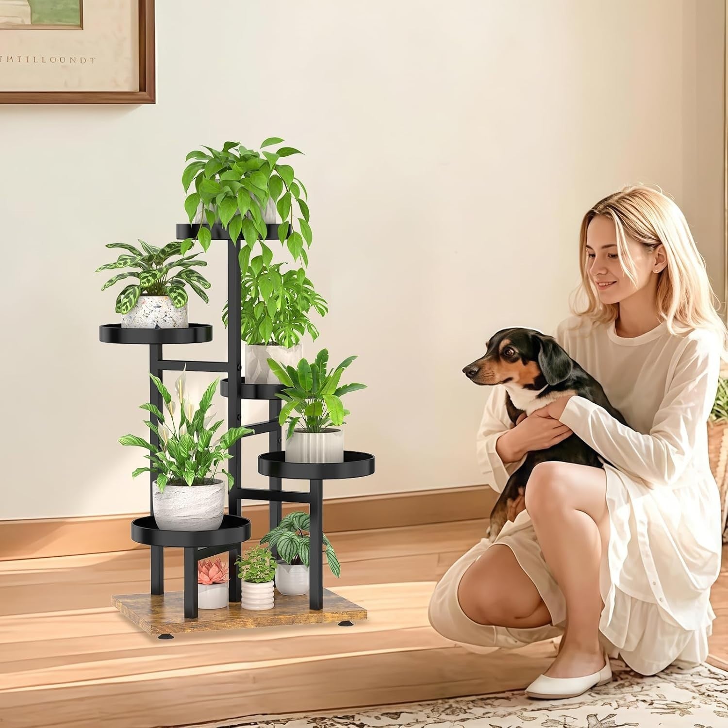 5-Tier Metal & Wood Plant Stand, Corner Indoor Outdoor Flower Display Rack