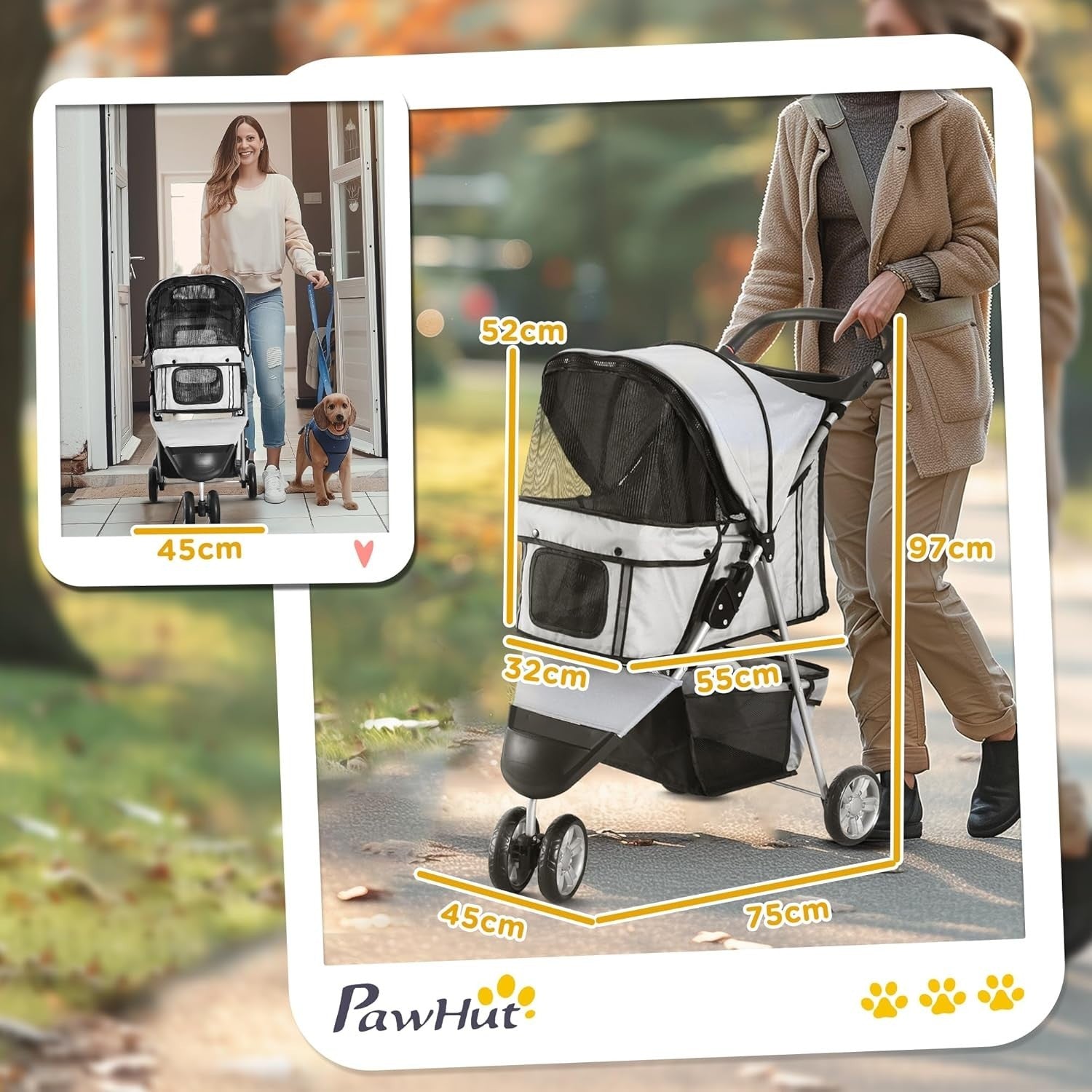 Dog Stroller 3-Wheel Foldable Pet Pram Small Dogs Cats Grey Lightweight