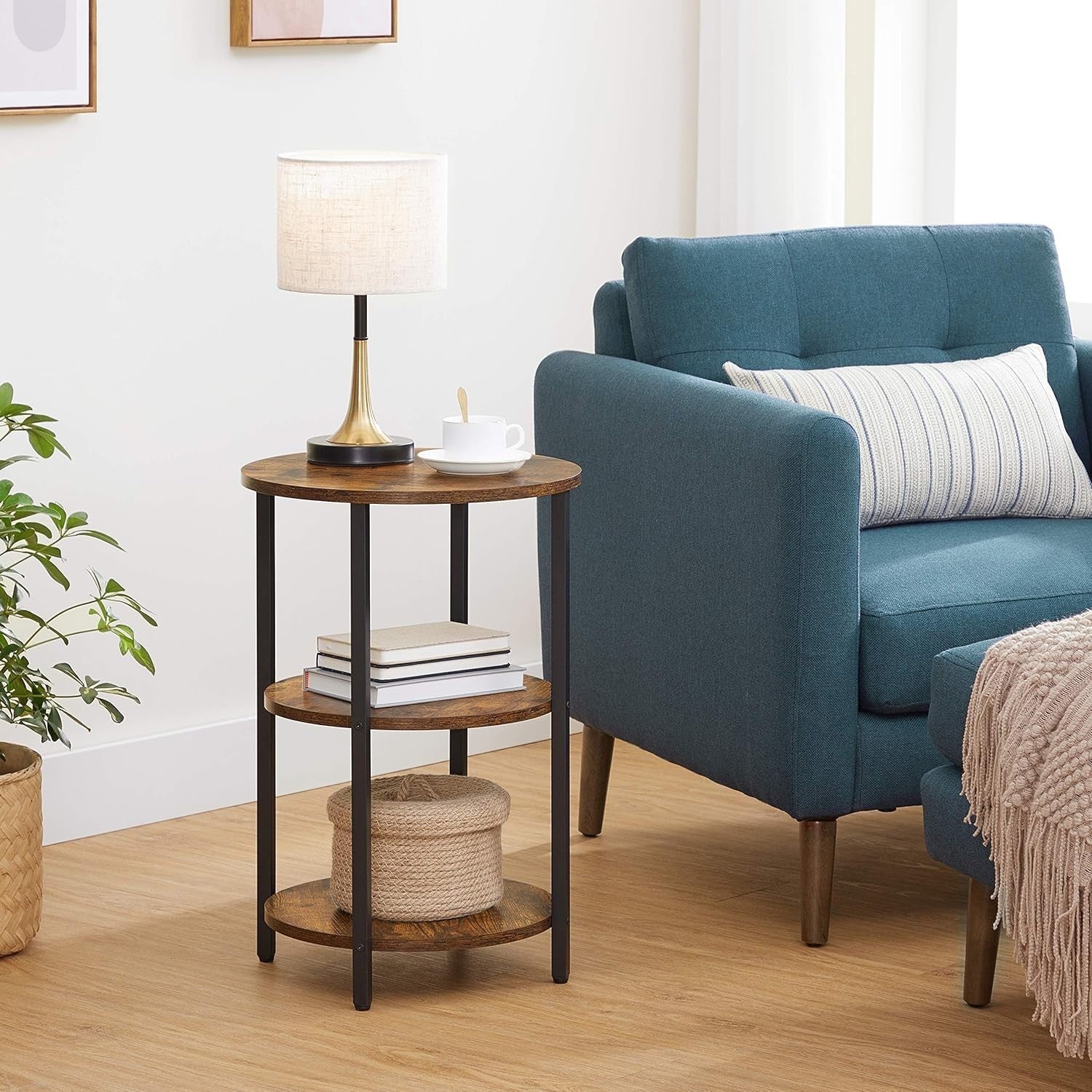 Round 3-Tier Side Table Rustic Brown Black Steel Frame Small Coffee End Table