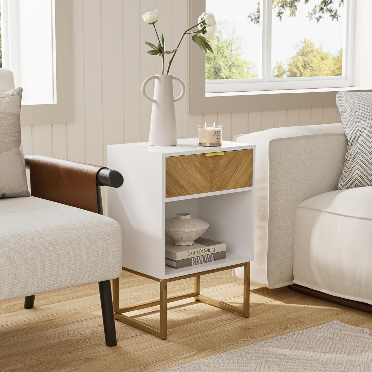 Modern White Bedside Table with Drawer & Shelf – 40x40x65cm Wooden Nightstand
