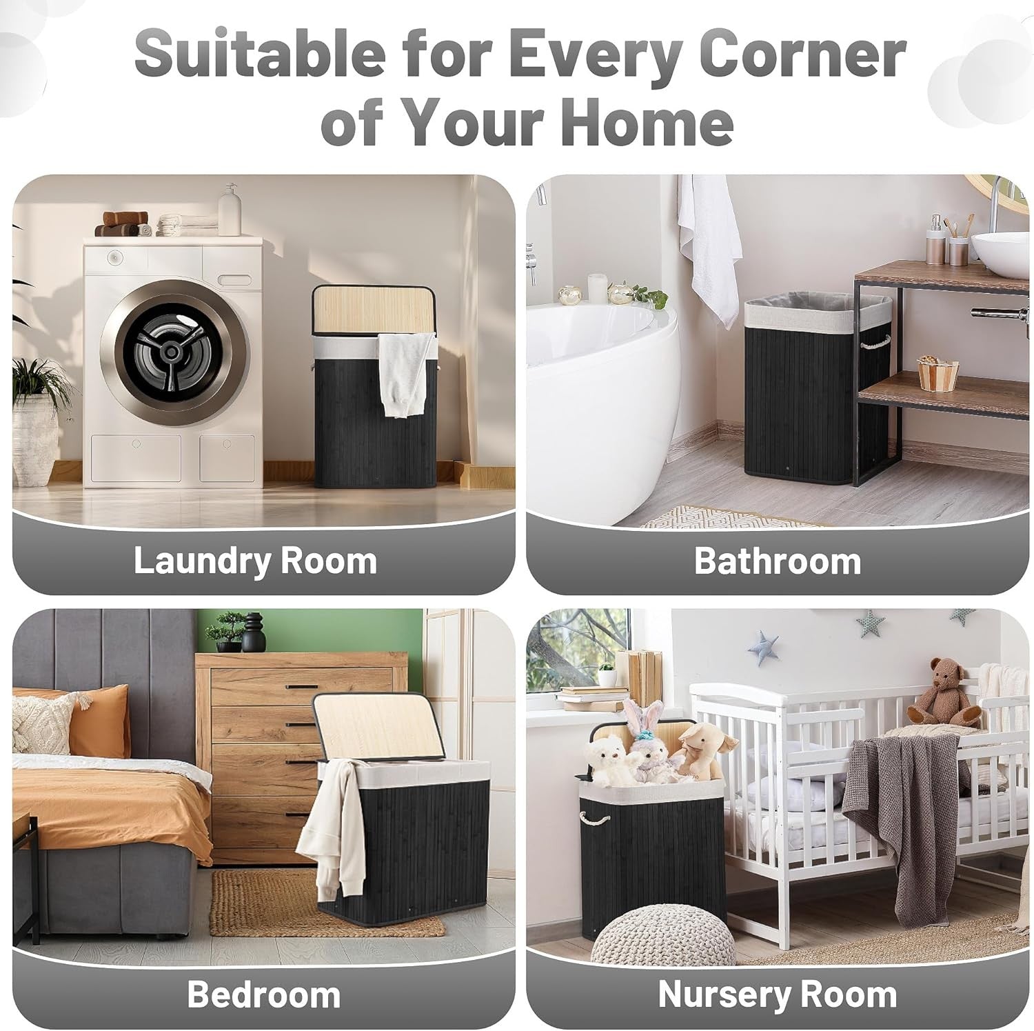 150L Bamboo Laundry Hamper with Lid 3-Section Foldable Clothes Basket Black