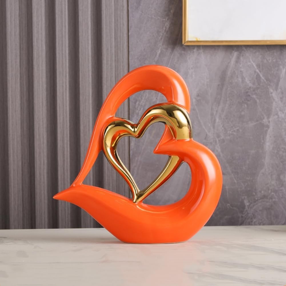 Modern Double Heart Ceramic Sculpture Ornament Gold Accent Home Decor Gift