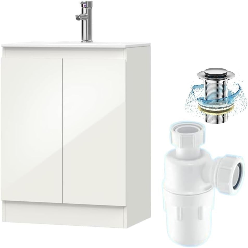 600mm White Bathroom Vanity Unit with Basin Cupboard Under Sink Storage Cabinet