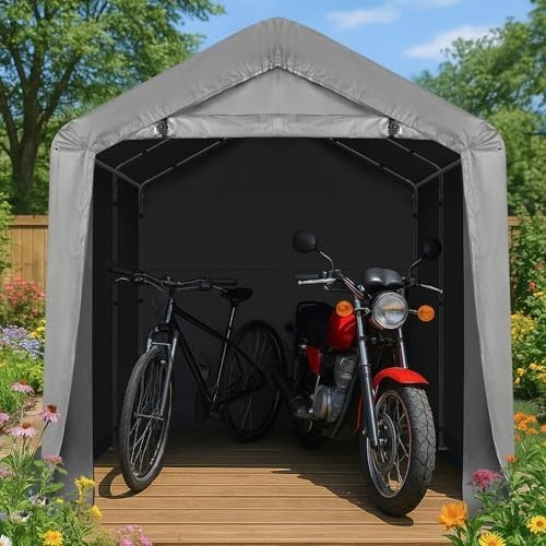 Outdoor Storage Shed Tent 8x8FT Waterproof PE Shelter with Steel Frame & Door