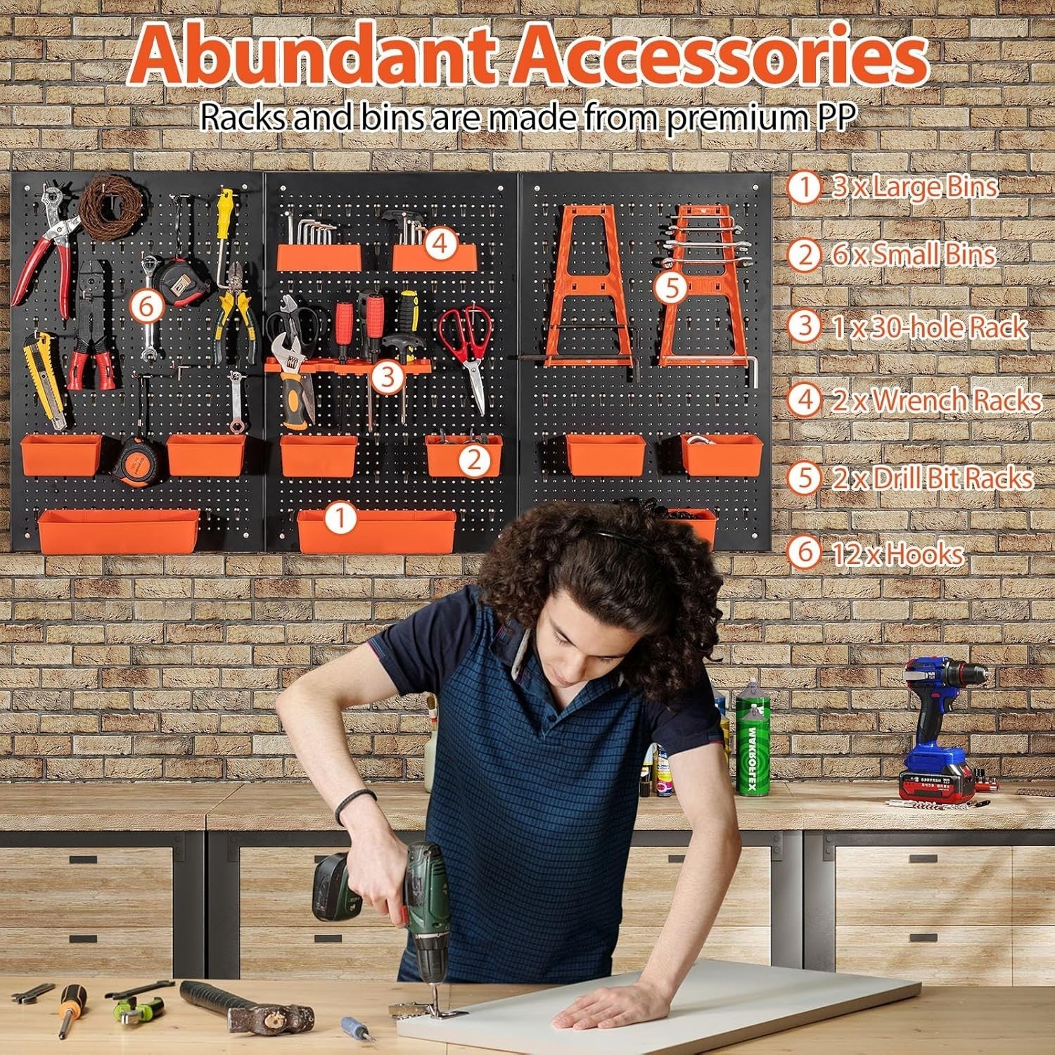 Black+Orange Pegboard Tool Organizer 3 Boards 26 Accessories Wall Rack