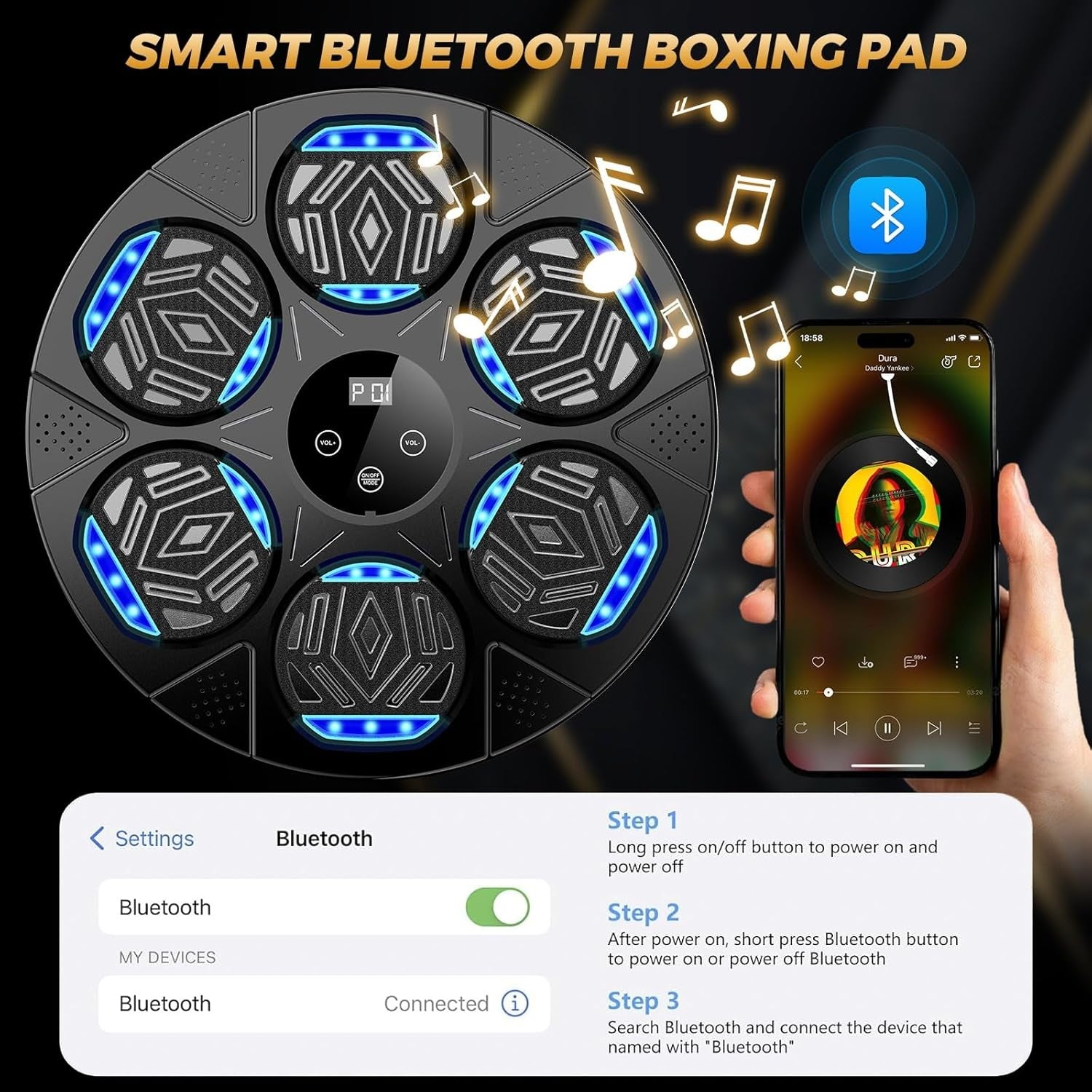 Music Boxing Machine LED Punch Trainer Wall Mounted Bluetooth Gloves Set