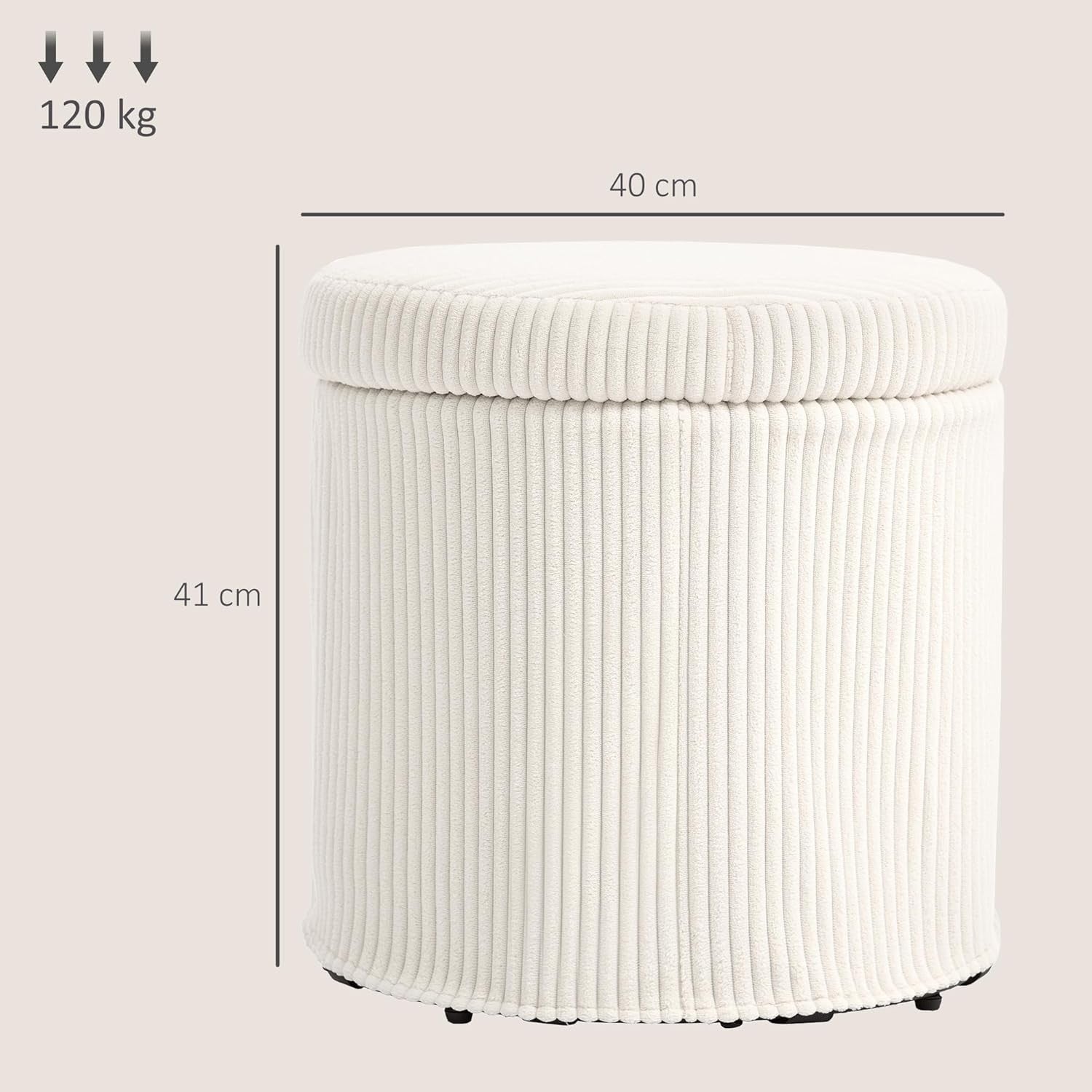 Beige Corduroy Storage Ottoman Round Footstool 40cm Padded Seat with Legs