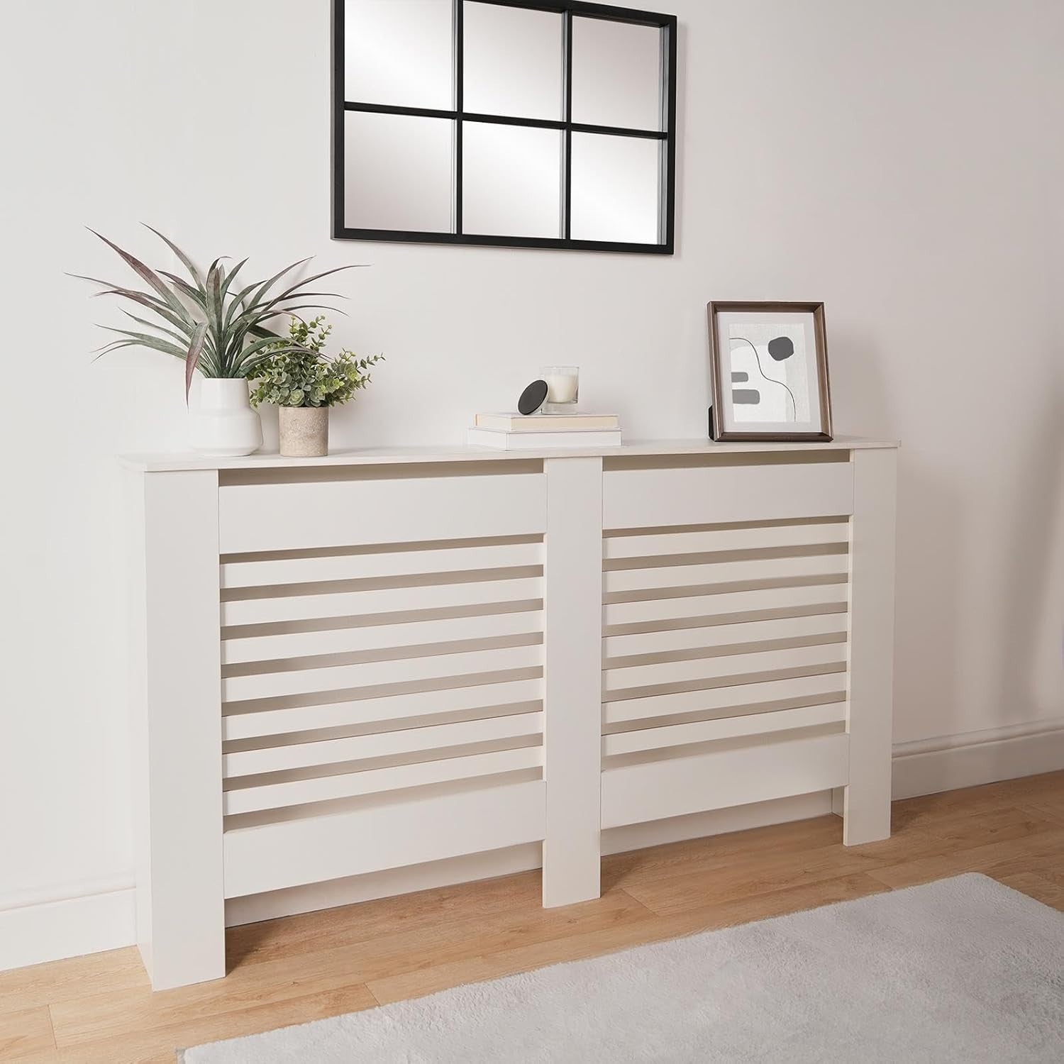 Large White Radiator Cover MDF Slatted Cabinet – Modern Wooden Heater Shelf