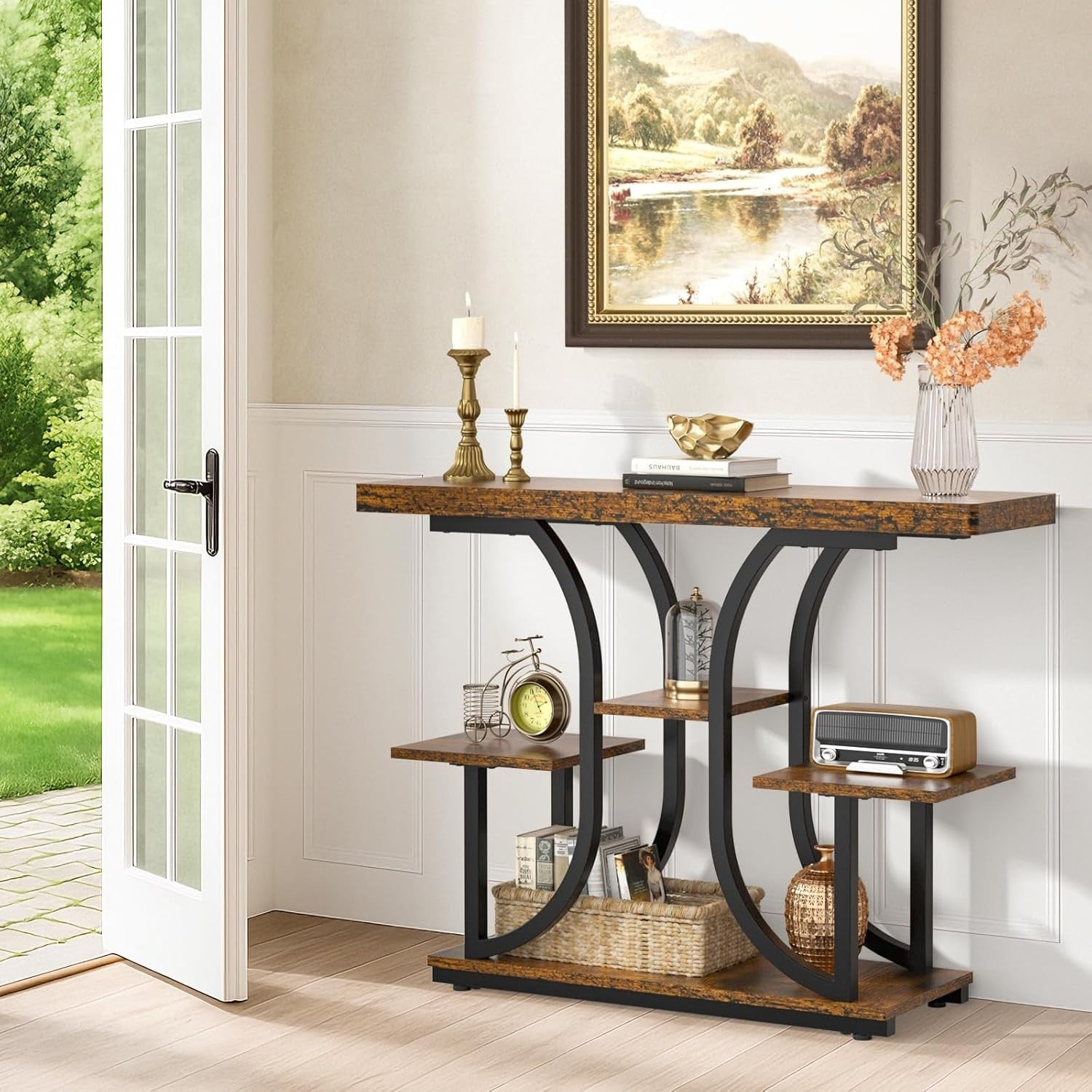Slim Industrial Console Table with 4 Tiers & Curved Metal Frame