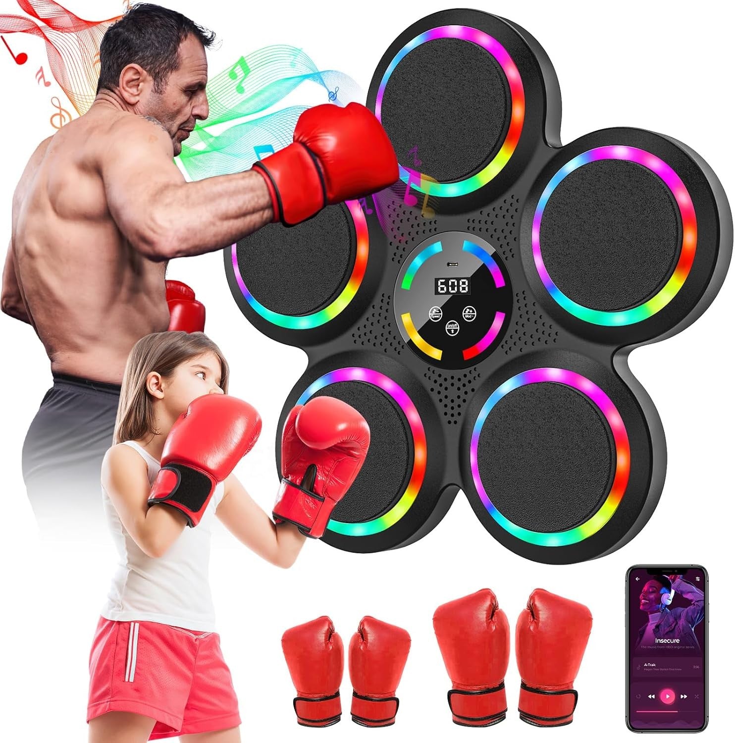 Smart Music Boxing Machine Colour LED Wall Punch Trainer with Gloves