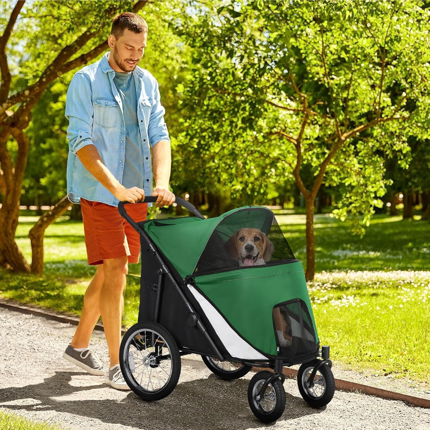 Large Dog Stroller Jogger Pushchair Foldable Heavy Duty Emerald Green