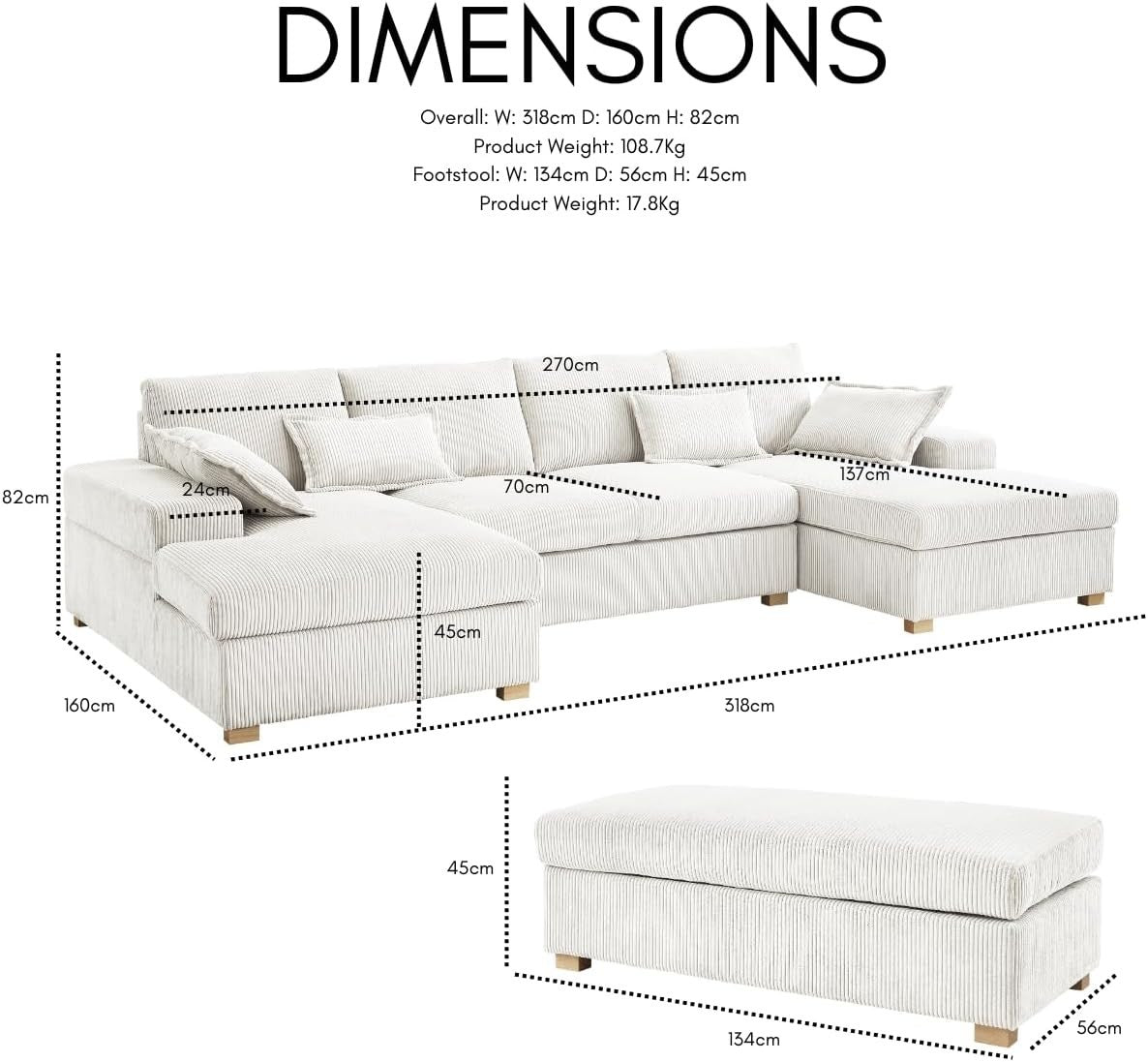 Large Cream Jumbo Cord U-Shape Sofa | Deep Seat, 5-Seater + Footstool